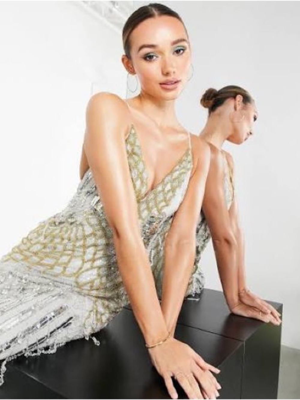 ASOS Silver and Gold Sequin Beaded Evening Dress - Picture 4 of 5